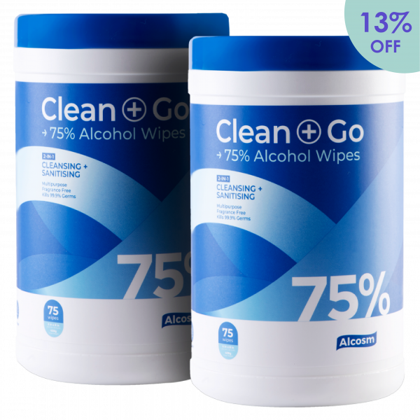 Alcosm 75% Alcohol Classic Wipes <br>- 75 wipes (75's x 2 packs)